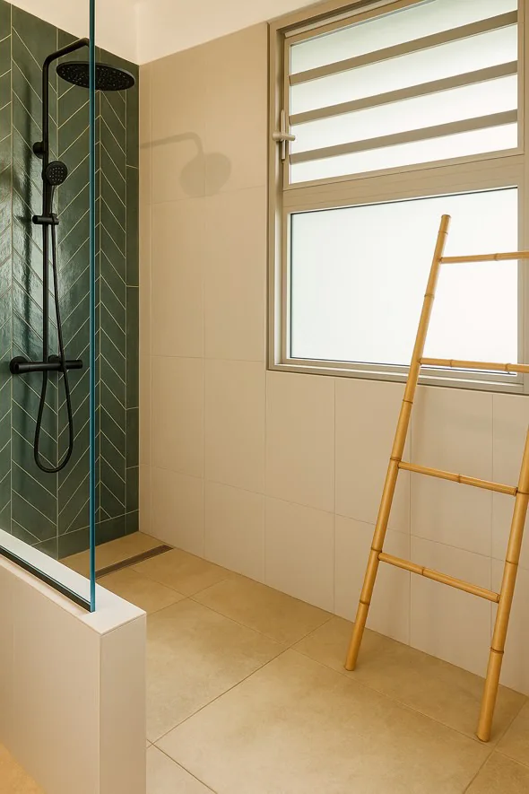 La douche à l'italienne, carrelage vert à chevrons