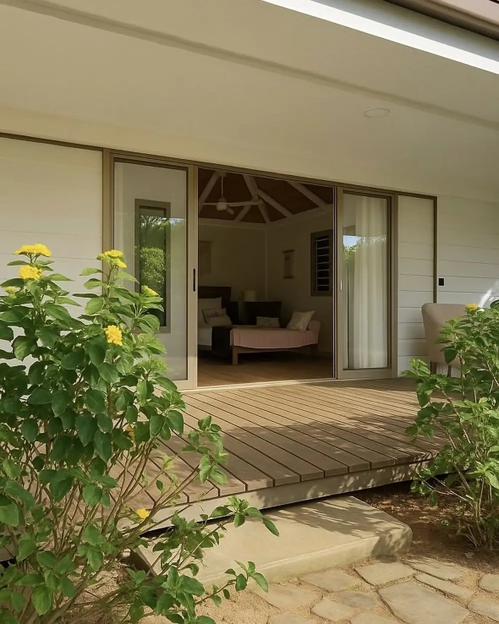 Terrasse du bungalow Manini 2 ouverte sur le jardin